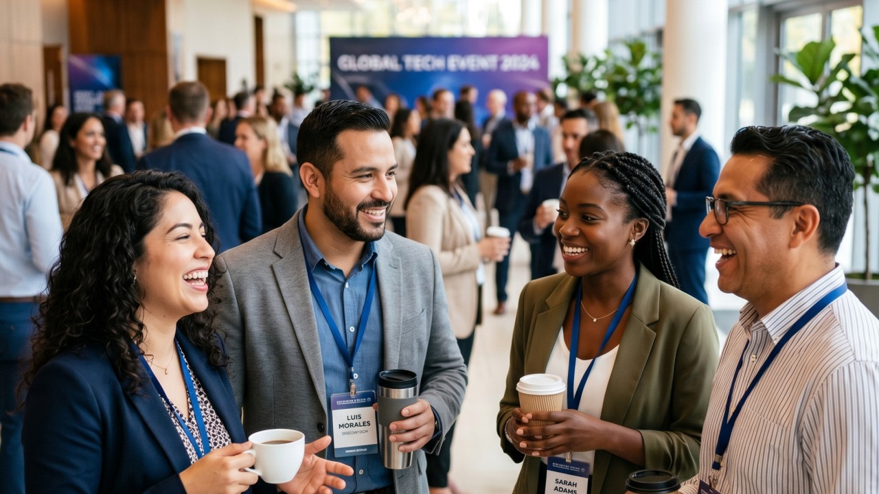 Equipe em evento corporativo com fornecedores de serviços